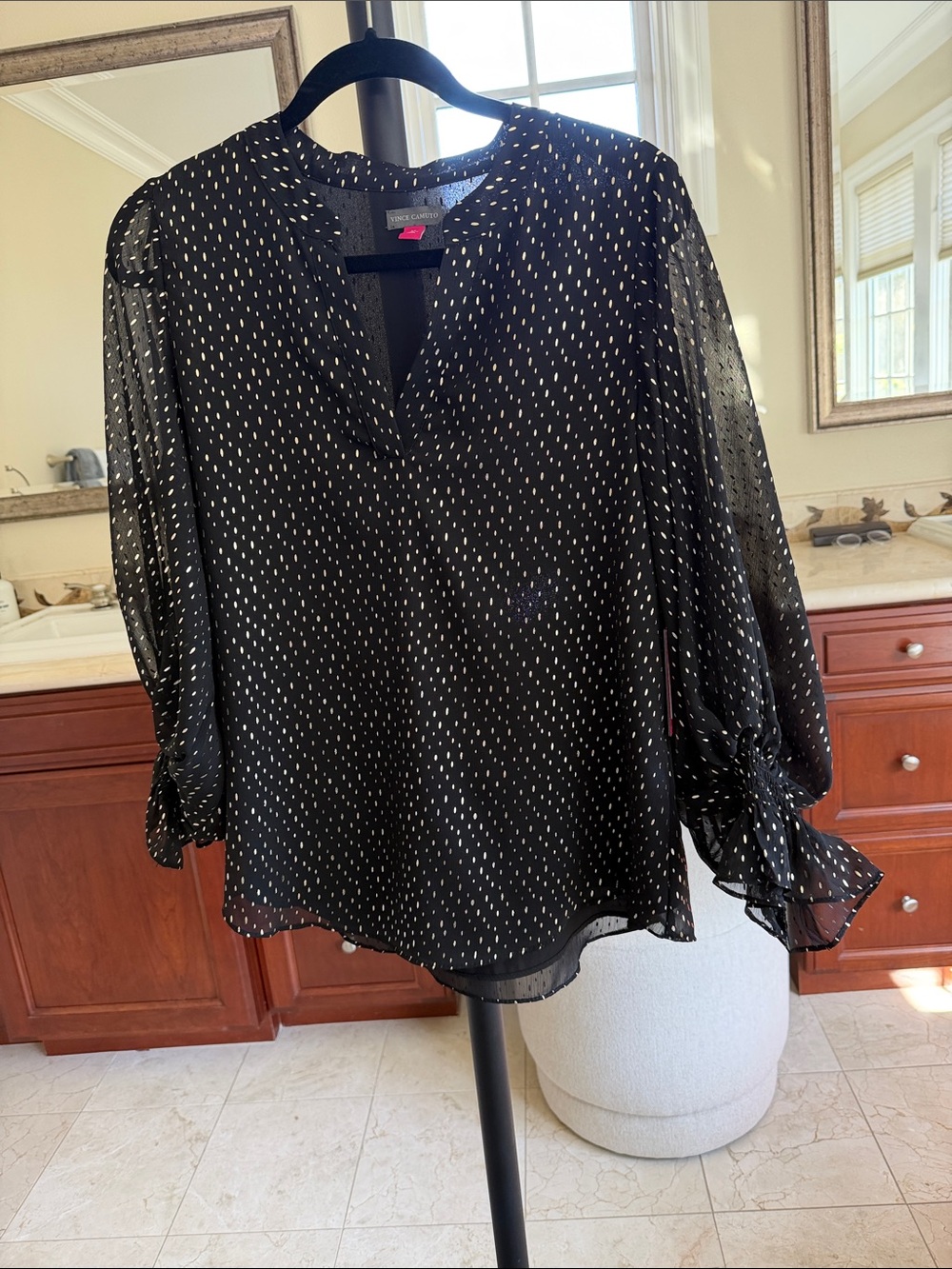 Vince Camuto Black Sheer Dot-Print Tie-Sleeve Blouse